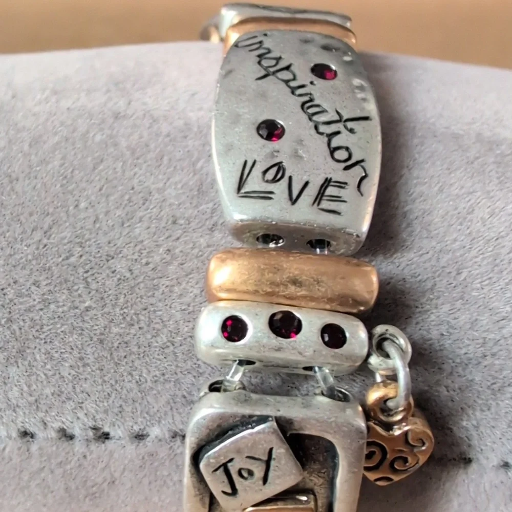 Silver and Gold Tone Heart with Red Crystals Stretch Bracelet